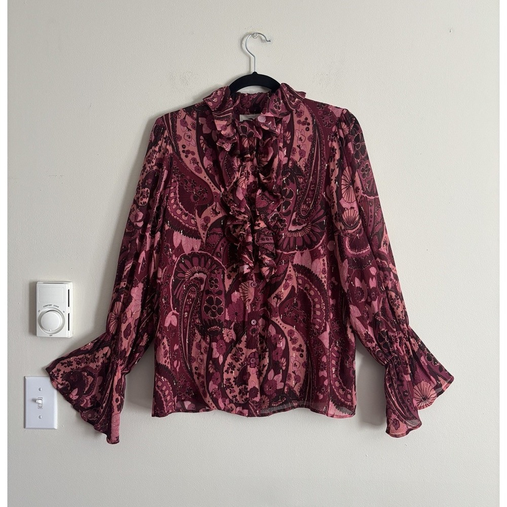 Figue Blouse Silk Medium Button Front Ruffle Long Sleeve Pink Luxury Boho